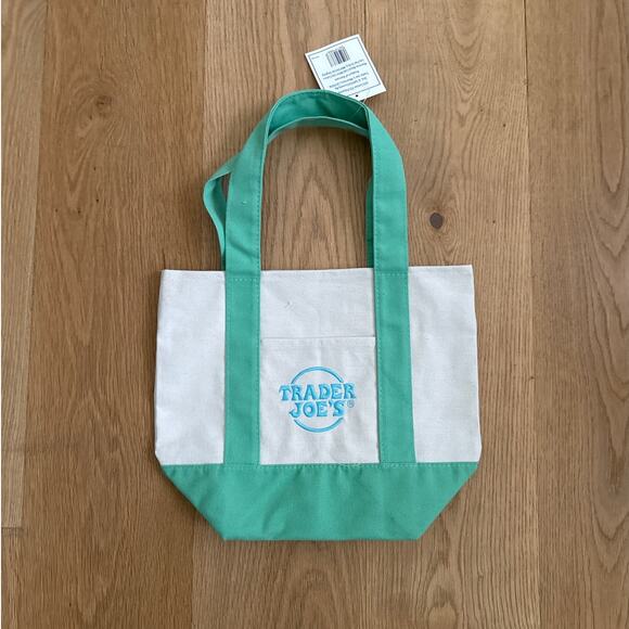 Trader Joe’s - Mini Tote Shopping Bag in Green Beige & Blue - Picture 1 of 2